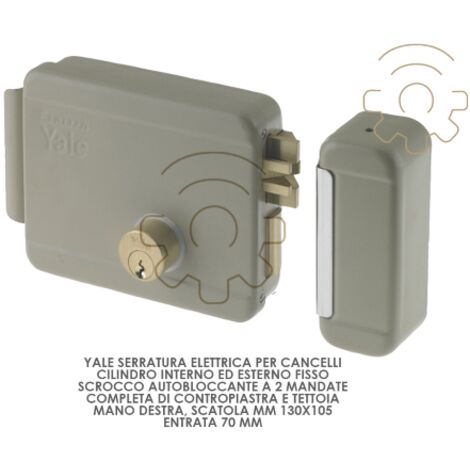 Yale serratura elettrica per cancelli mano dx scatola mm 130 x 105 entrata 70 mm cilindro interno ed esterno scrocco autobloccante 2 mandate completa di contropiastra tettoia