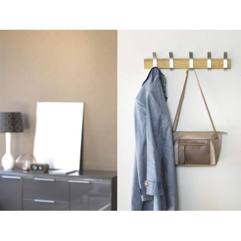 Yamazaki Garderobenleiste Holz naturbraun mit 5 Metallhaken Hakenleiste Wandgarderobe Garderobenpaneel Kleiderhaken Garderobe