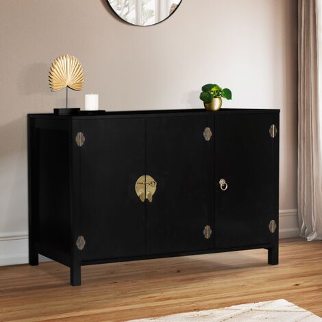 YANG Aparador bajo asiático de 3 puertas, madera negra 110 cm