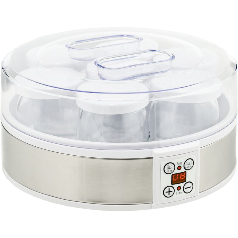 Homcom - Yaourtière 7 pots inclus 180 ml 20 w - machine à yaourt électrique - timer, thermostat, affichage numérique - acier inox. pp blanc verre
