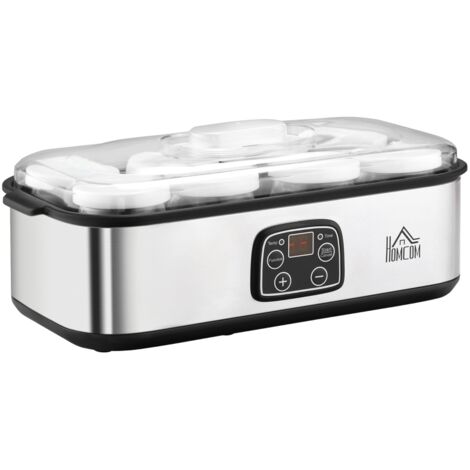 Yaourtière Grecque avec Couvercle, 8 Pots en Verre Sans BPA de 180 ml, Machine à Yaourt avec Écran LCD et Minuteur, jusqu'à 1,4 Litre de Yaourt, 25 W, Argent