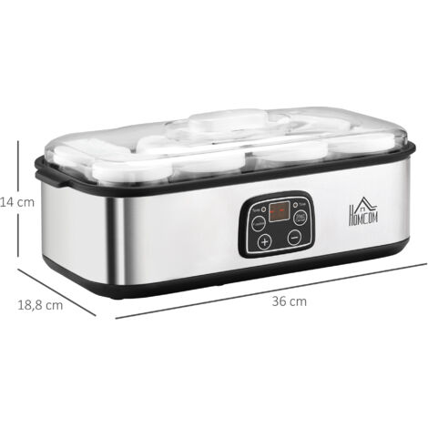 Yaourtière HOMCOM, style grec, avec couvercle, 8 récipients intérieurs en verre sans BPA (180 ml chacun), écran LCD et minuterie, capacité jusqu'à 1,4 litre de yaourt, 25 W, argent
