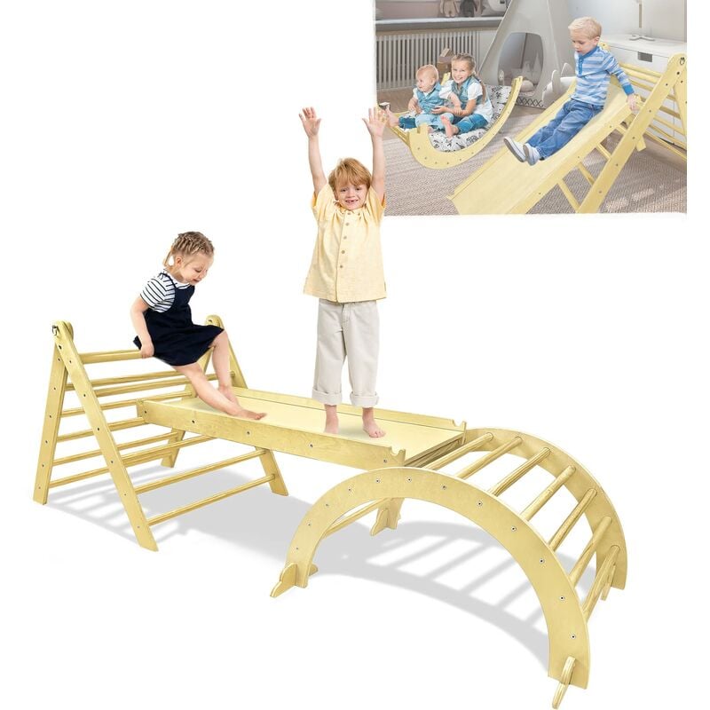 Lot de 3 Aire de jeux pour enfants, triangles d'escalade avec toboggan + arche d'escalade, aire de jeux en bois naturel avec rampe double face