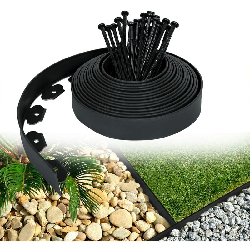 Bordure de pelouse plastique flexible Bordures pour jardins, séparation de l'herbe et des pierres, avec 120 clous de fixation, 40m de long, Noir