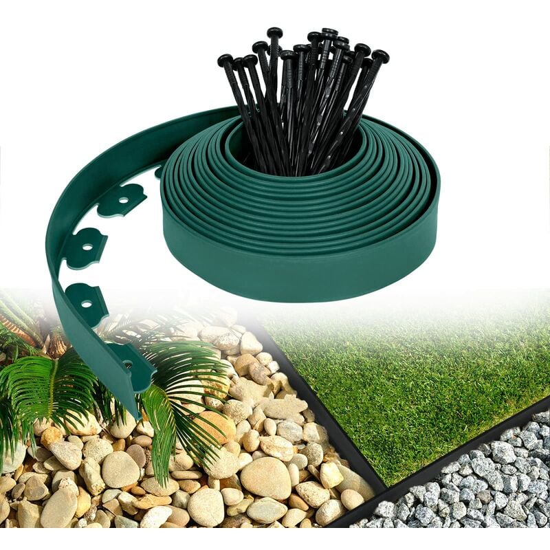 Yardin - Bordure de pelouse plastique flexible Bordures pour jardins, séparation de l'herbe et des pierres, avec 90 clous de fixation, 30m de long,