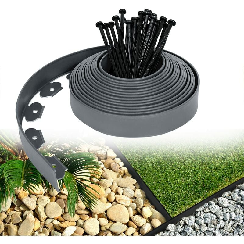 Yardin - Bordure de pelouse plastique flexible Bordures pour jardins, séparation de l'herbe et des pierres, avec 60 clous de fixation, 20m de long,