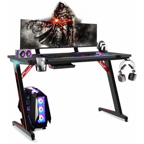 YARDIN LED Gaming Tisch Schreibtisch mit Strahlenbox, Gamingtisch Computertisch mit Kohlefaserbeschichtung, Schwarz Bürotisch PC Tisch mit Getränkehalter und Kopfhörerhaken, 120 x 60cm