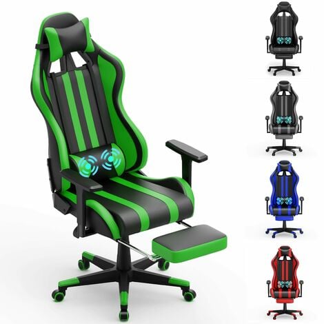 Froadp Gaming Stuhl Massage Bürostuhl Ergonomisch 136 kg Belastbarkeit  Komfort Gepolstert Drehsessel mit Verstellbare Lendenkissen, Kopfkissen und  Armlehnen Grün