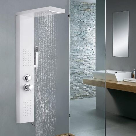 YARDIN Panel de ducha de acero inoxidable 304, ducha de lluvia con cabezal de ducha montado en la pared, ducha de mano multifunción 4 en 1 con sistema de panel de ducha termostático, blanco