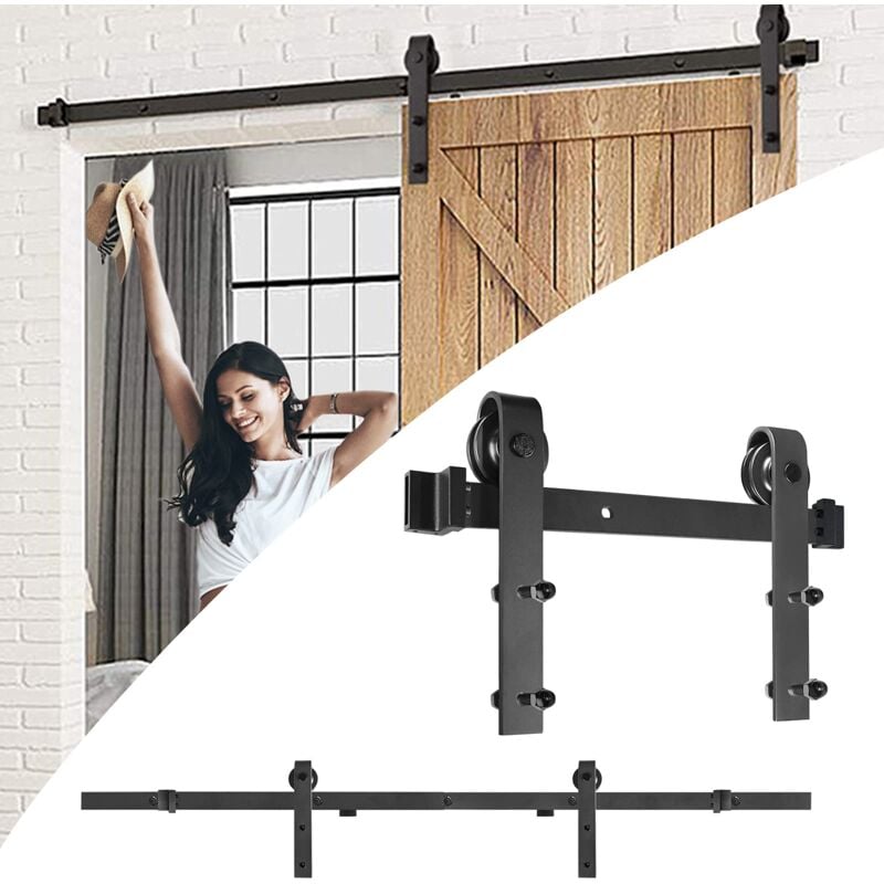 12ft/366cm Quincaillerie Kit de Rail Hardware Porte Coulissante Ensemble Industriel pour Suspendue en Bois et Portes Coulissantes Intérieures - black