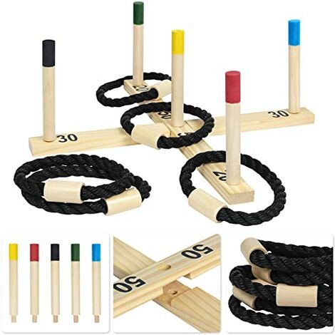 YARDIN Ringwurfspiel Outdoor Wurfspiel Holz - 5 Nylonringe und 5 Farbige Säulen - Ringe Werfen Spiel für Kinder und Erwachsene Familienfeiern Party 50x50cm