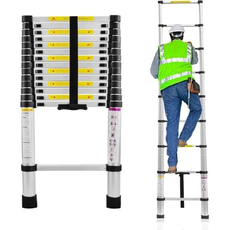 YARDIN Scala telescopica in alluminio, scala multiuso, scala estensibile, scala multifunzione, scala a pioli, scala inclinata, portata 150 kg, argento, 15 pioli, 4,4 m