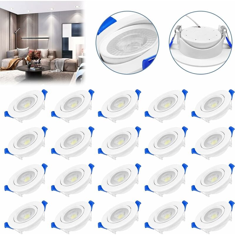 Lot de 20 spots led encastrables 5 w 230 v pour plafond, salon, salle de bain, chambre à coucher, cuisine, couloir (blanc froid) - Yardin