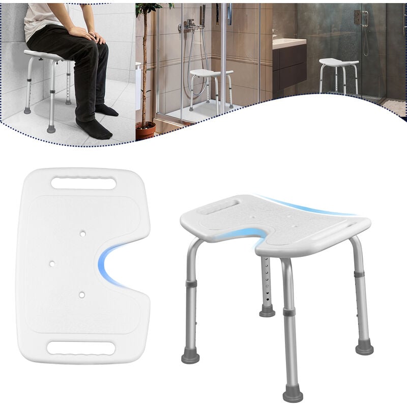Tabouret de douche, Hauteur réglable de 35 à 51 cm, Siège de douche antidérapant en aluminium et plastique, Pour les personnes âgées et les femmes
