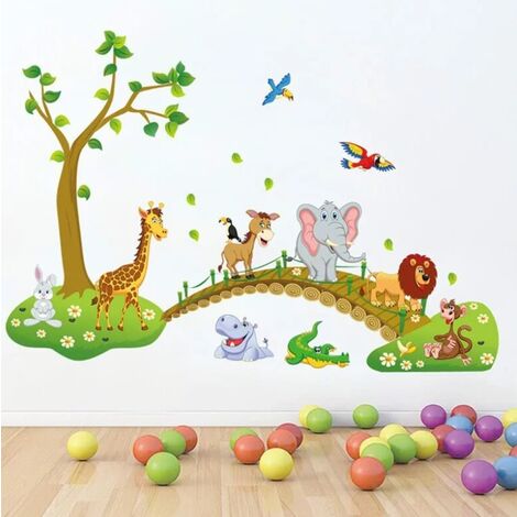 Yarona 3 pièces Animaux de la jungle Arbre Stickers muraux Lion Girafe Éléphant Marchant sur le pont Stickers muraux Chambre d'enfants Décoration murale Chambre de bébé Chambre de bébé Décoration mura