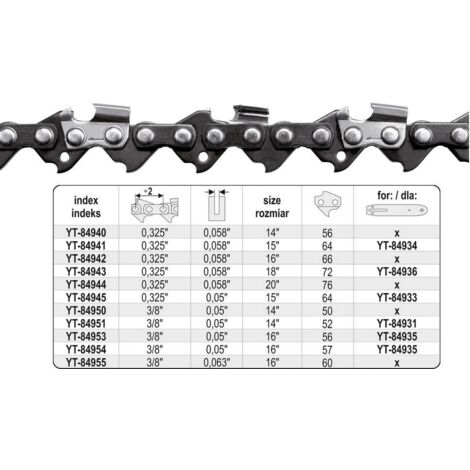 Yato – Chaîne de scie 15 pouces 38 cm – Pas 0,325 pouces – 64 maillons – Acier au manganèse pour coupe nette bois propre - YT-84941