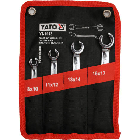 Yato – Clé à tuyauter 8-17mm – Assortiment de 4 clés en acier chrome-vanadium – Côté anneau ouvert incliné à 15° – Pochette de rangement incluse