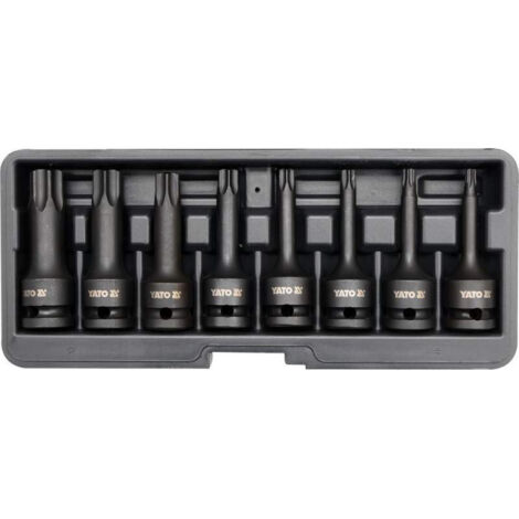 Yato, modelo YT-1065, Toma de poco impacto, set de 8 piezas Torx 1/2", ideal para trabajos de reparación y mantenimiento, alta durabilidad y resistencia.