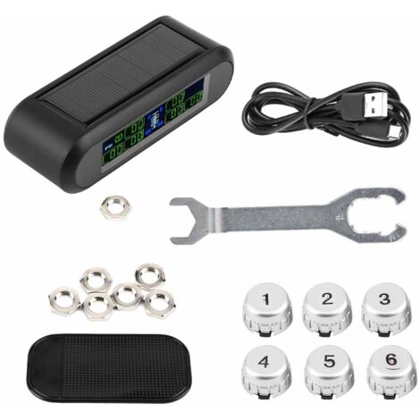 Yctze pour Tire Pressure Monitoring System TPMS 6 Capteurs Externes sans Fil Système de Surveillance de Pression des Pneus Solaire Moniteur LCD Alarme pour Six Roues Voiture, Petit Camion