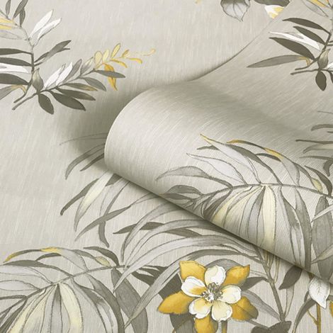 Yellow Floral Glitter Wallpaper Cream Flowers Leaf Belgravia Decor Botanique