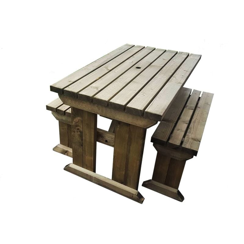 5Ft (150Cm) Picnic Table And Bench Set, Rustic Brown Finish, Yews Square Corners - Rustic Brown