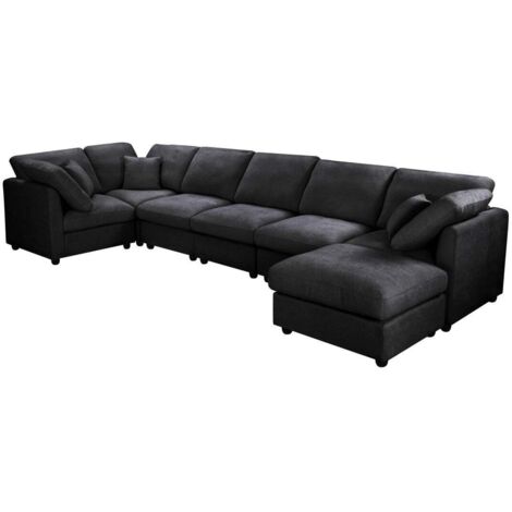 YHL Voyura 2213 Canapé longue chaise de salon chenille moderne - 6 places - accoudoirs carrés - Noir