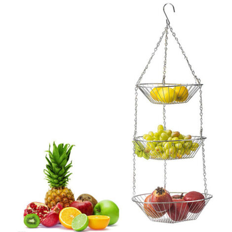YIDOMDE Corbeille Fruit Corbeille à Fruits Suspendue en 3 étages,Corbeille de fruits exclusif pour suspendre avec longue chaîne Panier Rangement de Panier pour Fruits, Légumes(Argent)