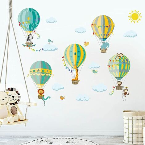 YIDOMDE Montgolfière Animal Sticker Mural Autocollant Lion Éléphant Girafe Décoration Murale Chambre Enfants Bébé Pépinière Salon