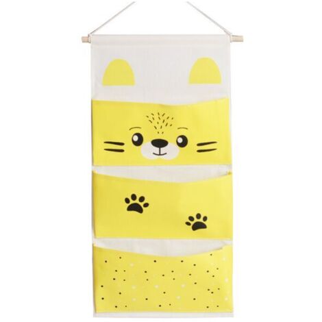 YIDOMDE Sac à suspendre dessin animé en tissu coton et lin à trois poches sac de livre d'images maternelle sac de livre sac de rangement mural sac de rangement mural poche jaune largeur 30 x hauteur 6