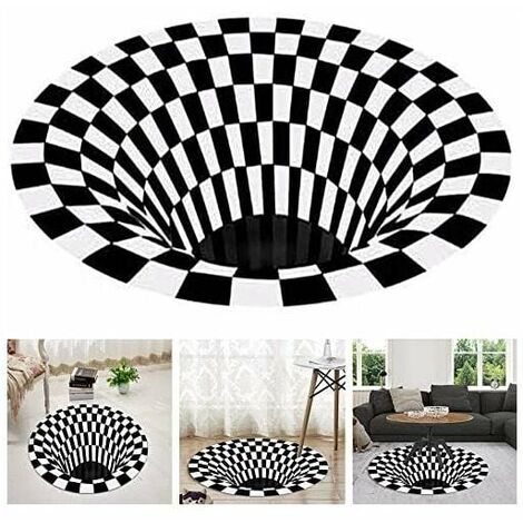 YIDOMDE Tapis Rond Noir Blanc Grille,Tapis D'illusion 3D Vortex,Tapis 3D Vortex Chambre Salon,Tapis de Sol 3D Area Rug,Tapis Vortex Illusion,Géométrique Optique Tapis