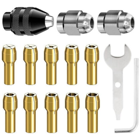YMYNY 15 Pièces Mandrin Perceuse, Accessoires pour Outil Rotatif, 0,8mm à 3,2mm Remplacement 4486 Mandrin à Changement Rapide, Remplacement 4485 Pince de serrage en laiton Écrou metal