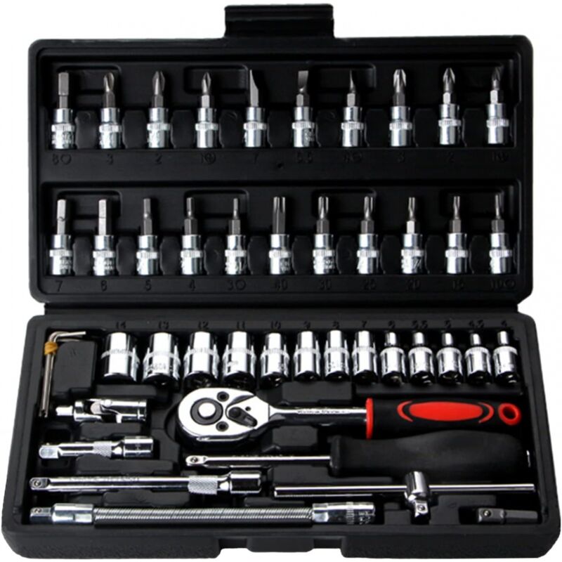 46 clés à douille métriques de 1/4' - Kit d'outils pour la maison - Réversibles à cliquet pour voiture - Ymyny