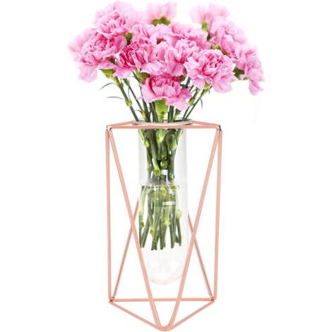 YMYNY Blumenvase mit Metallrahmen, Roségold/Gold-Metallrahmen und Reagenzglas aus Glas, Blumenvasen, Zylindervase für Zuhause, Büro, Hochzeitsdekor, groß, Roségold