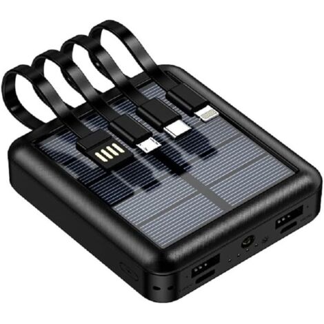 YMYNY Chargeur Solaire Portable 10000mAh avec 4 Câbles Intégrés & Lampe de Poche LED - Power Bank Antipoussière, Antichoc et Splashproof - Charge Rapide USB C pour Camping en Plein Air (Noir)