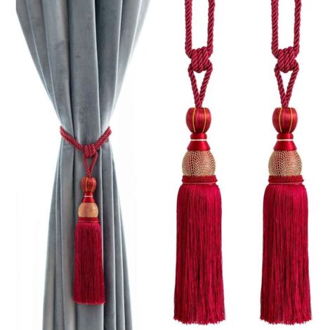 YMYNY Embrasses de rideaux décoratives à pompons et boules - Attaches de rideaux pour la maison et le bureau, boucles tressées, franges, lot de 2 (rouge)