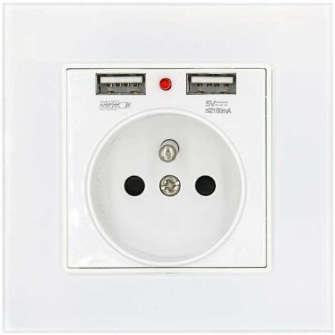 YMYNY Glasplatten-Steckdose, französische Standard-Wandsteckdose mit doppelter 2,1-A-USB-Ladestromanzeige, 16 A 250 V französische Standard-Einbausteckdose, weiß