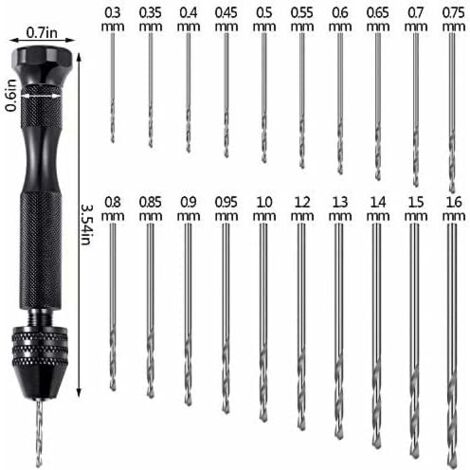YMYNY - Juego de 21 tornillos de banco con pasador, incluye un taladro manual y 20 mini brocas helicoidales (0,3-1,6 mm) para hacer joyas, colgantes y fundición de resina, arcilla y madera.