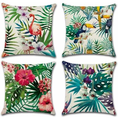 YMYNY Juego de 4 fundas de cojín de lino y algodón con estampado de plantas tropicales, 45 x 45 cm, lino y algodón, a, 45 x 45 centímetros