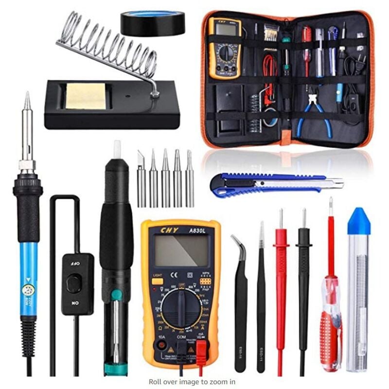 Ymyny - Kit fer à souder, 60 w, 220 v, température réglable, soudure avec interrupteur marche/arrêt, multimètre, pompe à dessouder, 5 pannes à souder