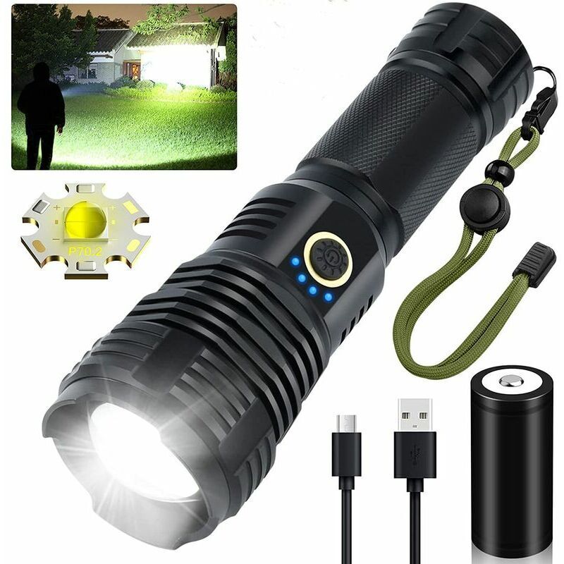 Lampes de poche led rechargeables haute luminosité, lampes de poche tactiques super lumineuses de 90 000 lumens, torche étanche zoomable Xhp70.2, 5