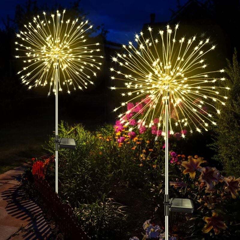 Lot de 2 lampes solaires d'extérieur pour jardin, 120 led, feux d'artifice solaires, 8 modes, étanches, lampes solaires en forme de pissenlit pour