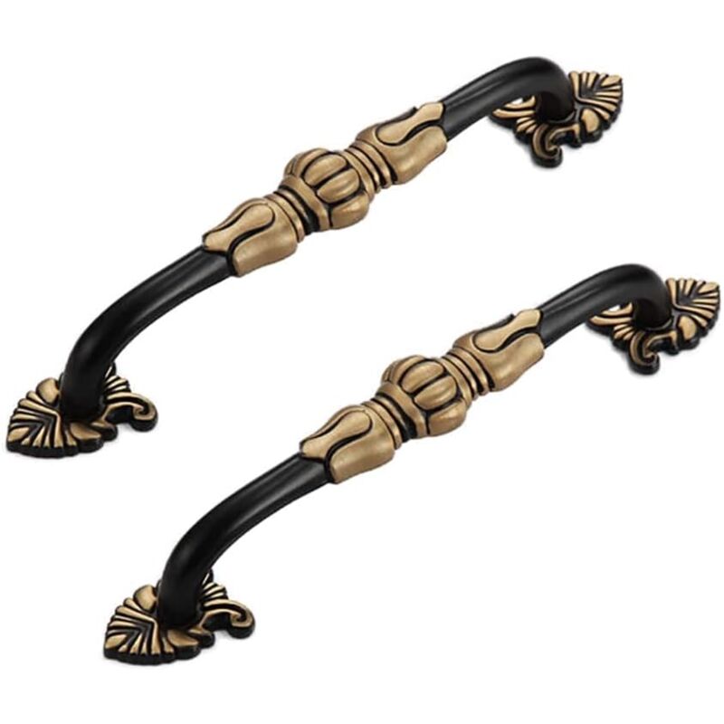 Lot de 2 poignées d'armoire vintage en laiton, motif floral, poignée de meuble antique, métal, or noir, boutons de meuble, poignée de tiroir, poignée