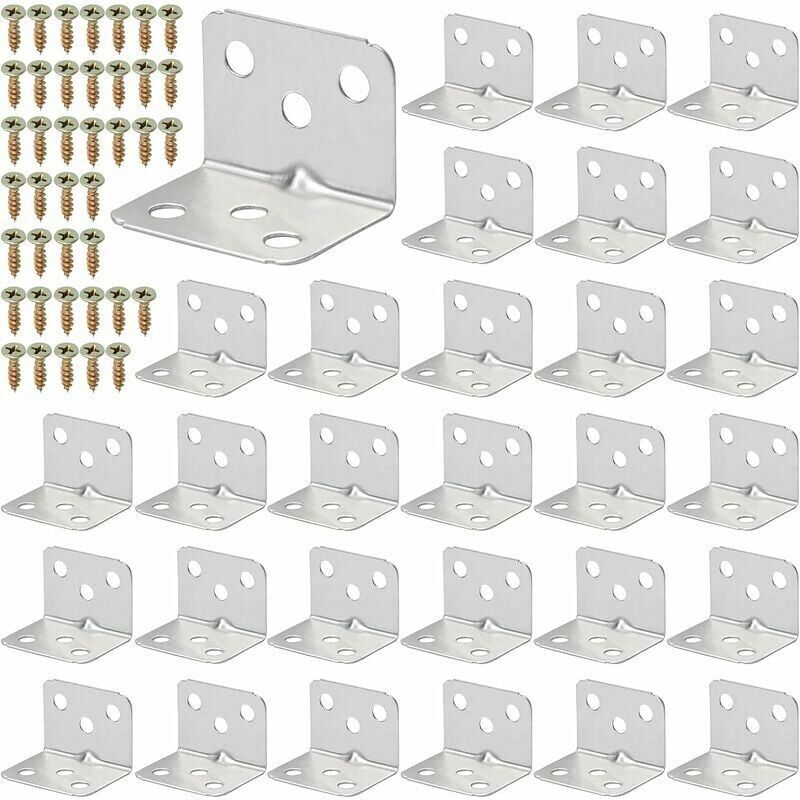YMYNY Lot de 30 équerres d'angle en acier inoxydable en forme de L pour fixation de meubles en bois avec Argenté 36 x 27 mm，Starlight