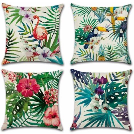 YMYNY Lot de 4 housses de coussin en coton et lin Motif plantes tropicales 45 x 45 cm, Lin Coton, a, 45 x 45 Centimeters
