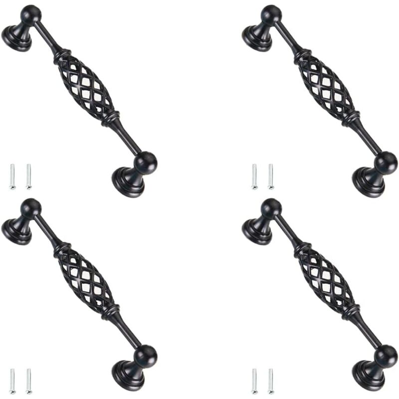 Lot de 4 poignées de tiroir traditionnelles, poignées de porte en forme de cage à oiseaux en métal, poignée en arc antique avec vis, espacement des