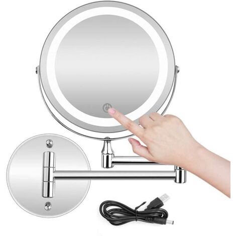 YMYNY Miroir De Maquillage Mural, Miroir De Courtoisie Éclairé Par Led À Deux Côtés Grossissant 10X Pour Salle De Bain, Rotatif À 350 °, Rechargeable Par Usb Et Bras Extensible De 7 , Chrome