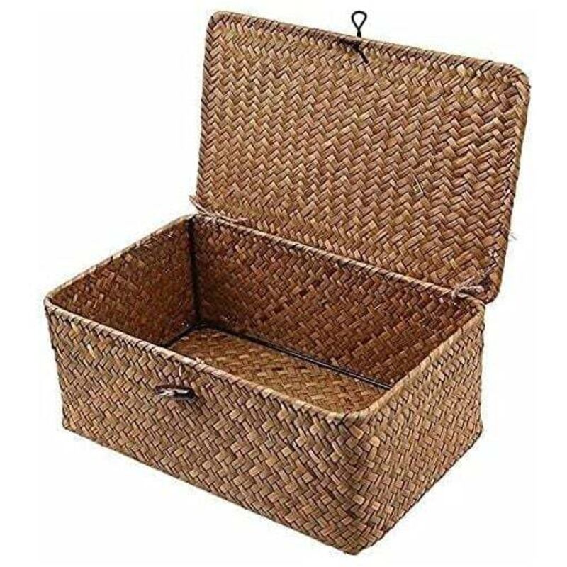 YMYNY Panier de rangement en jonc de mer avec couvercle, petit panier en osier, boîte de rangement en rotin naturel, panier à linge, osier