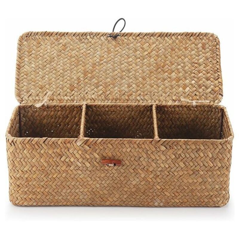 YMYNY Panier Rangement Jonc de Mer avec Couvercle Rectangulaires Malle en Osier avec Compartiment pour Organiser des Jouets de Collation en Papier