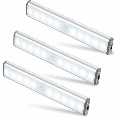 YMYNY Paquete de 3 10 luces LED, inalámbricas, recargables por USB, magnéticas, sensor de movimiento, 2 modos de iluminación, portátiles. Luz de armario, lámpara de emergencia, luz de noche para niños