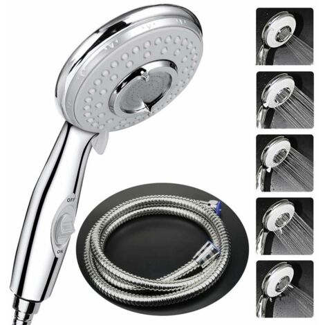 YMYNY Pommeau Douche + 2 M Tuyau de Douche Flexible, Pommeau de Douche avec Tuyau, 5 Modes Economiseur d'eau et bouton de l'interrupteur, Haute Pression Douchette Pommeau Acier Inoxydable